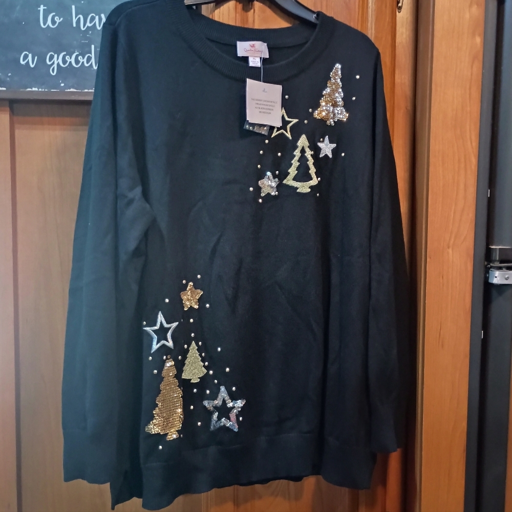 NWTQuacker Factory Festive Black Sweater with Gold and Silver Sequin Accents XL